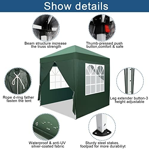 Outvita 6.5x6.5ft Pop Up Canopy Tent with 4 Side Walls and Carry Bag Green