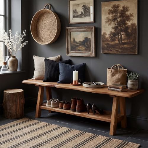 55-Inch Solid Wood Entryway Bench, Farmhouse Long End of Bed Bench with Live-...
