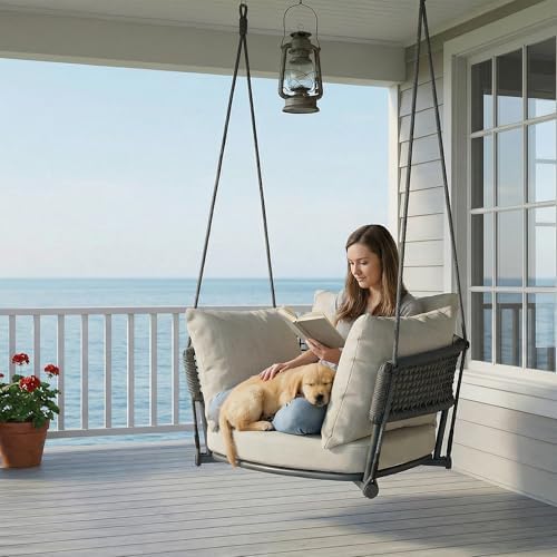 Swing Chair Outdoor, Single Hanging Porch Swing, Ceiling Hanging Chair for Be...