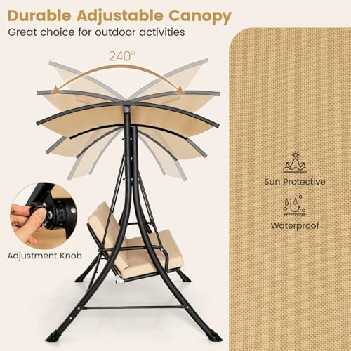HAPPYGRILL 3-Seat Outdoor Porch Swing with Adjustable Canopy, Armrests, Metal...