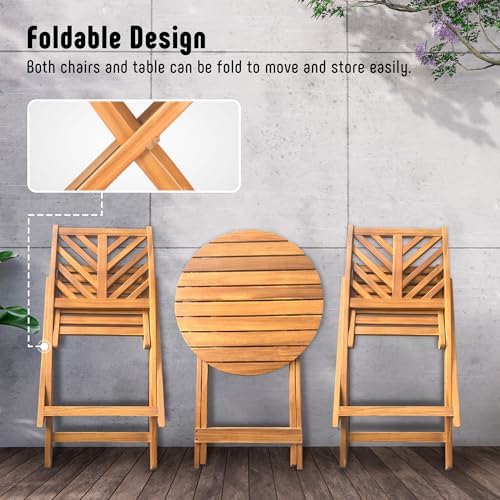 Werph 3-Piece Acacia Wood Patio Set, Foldable Bistro Table and Chairs Set