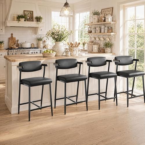IDEALHOUSE Bar Stools Set of 4 with Armrests, Counter Height Bar Stools Set w...