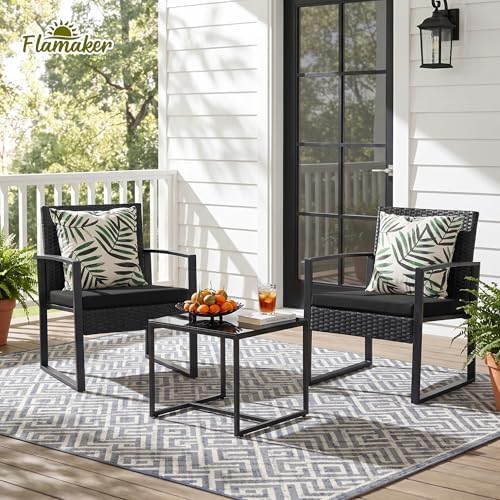 Flamaker 3 Pieces Patio Furniture Set Outdoor Wicker Bistro Chair (Black)