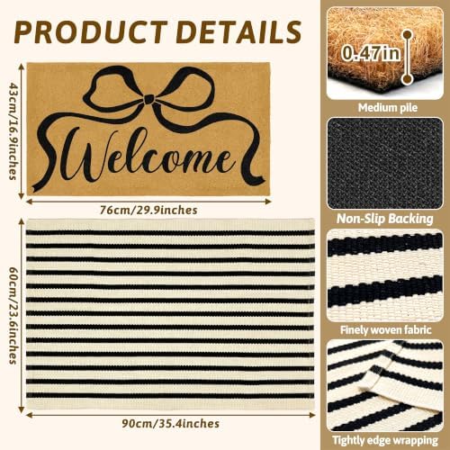 2 Pcs Coir Bow Welcome Mat Outdoor Stripe Layering Rug for Outside Entrance
