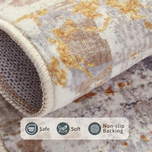 Rugxara 8x10 BeigeGold Modern Abstract Neutral Washable Rug for Living Room