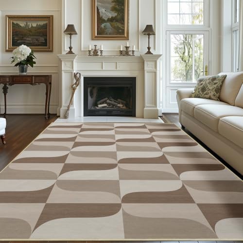 Area Rug 5x7 Modern Geometric Rug Neutral Beige Brown Abstract Mid Century Mo...