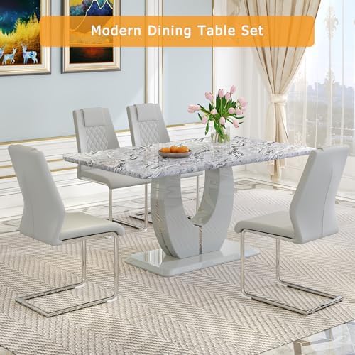 JUFU Dining Table Set for 4, 63" Faux Marble Dining Room Table Set with ...