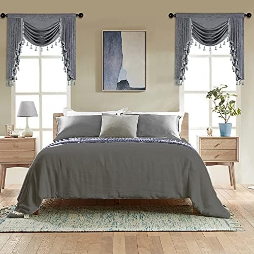 ELKCA Grey Chenille Curtains Valance for Living Room Window Waterfall Valance...