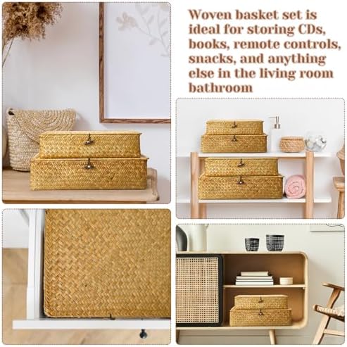 Didaey Set of 4 Seagrass Basket with Lid Wicker Storage Basket Decorative Sto...