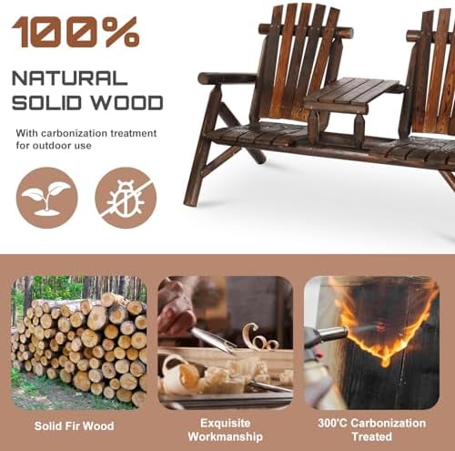 HOMEDIARY 2-Seat Wooden Adirondack Chair, Outdoor Log Patio Loveseat with Bui...