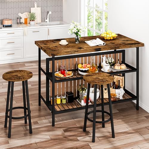 DKLGG Kitchen Island with Seating & Storage, Farmhouse Dining Table Set f...