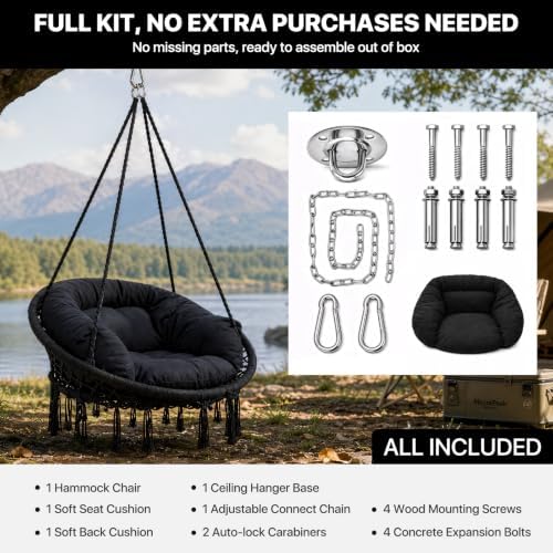 Athena Collection Hammock Chair with Hardware Kit & Cozy Cushion, Black