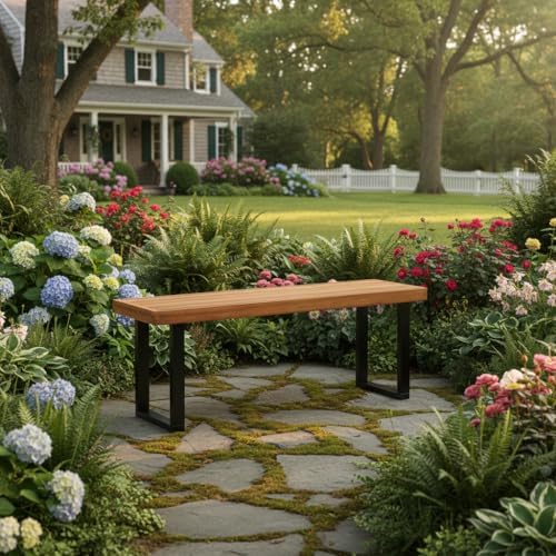 Tangkula Acacia Wood Outdoor Bench, 48" Long Patio Dining Bench w/Metal ...