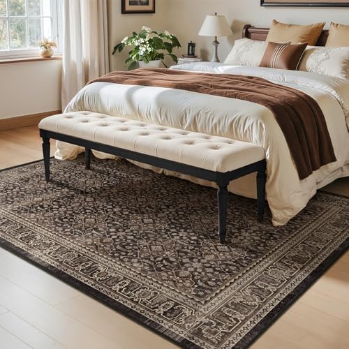 Dark Wood Brown 5x7 Rugs for Living Room Bedroom, Washable Rug with Vintage F...
