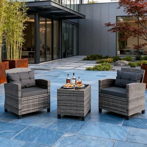 JAMFLY 3 Piece Wicker Patio Furniture Set - Outdoor Rattan Conversation Set w...