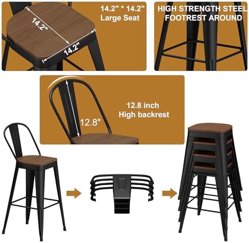 Andeworld Metal Bar Stools Set of 4, 24" Counter Height with Backs, Black