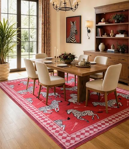 YIHOUSE Red Zebra Area Rugs 6×9, Washable Animal Print Rug with Checkered Bor...