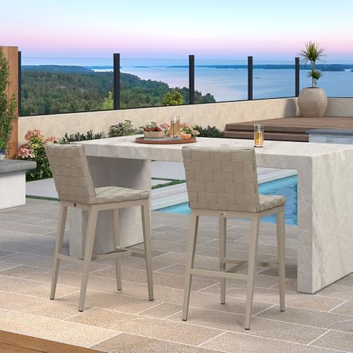 PURPLE LEAF Outdoor Bar Stools Set of 2, Leather Bar Height Chairs, Taupe