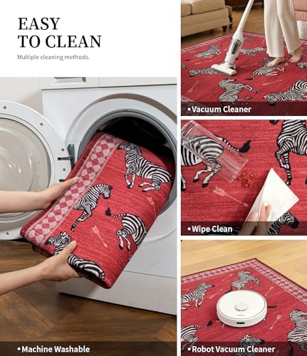 YIHOUSE Red Zebra Area Rugs 6×9, Washable Animal Print Rug with Checkered Bor...