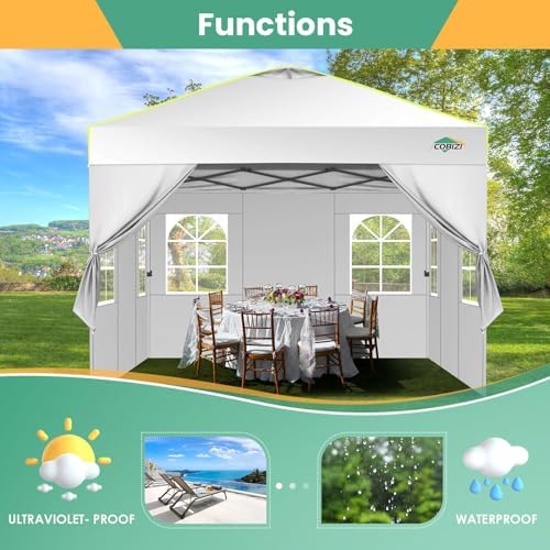 COBIZI 10x10 Pop Up Canopy - One Push Setup Tent, Glow Strips, 4 Sidewalls
