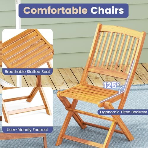 GIANTEX Patio Bistro Set 3 Pieces, Outdoor Acacia Wood Folding Table & Ch...