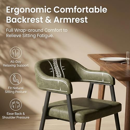 HNY Modern Dining Room Arm Chairs Set of 2, Green Retro Faux Leather Upholste...