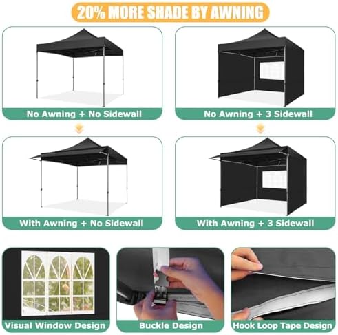 COBIZI 10x10 Pop Up Canopy Tent with Awning,Heavy Duty Canopies,Black