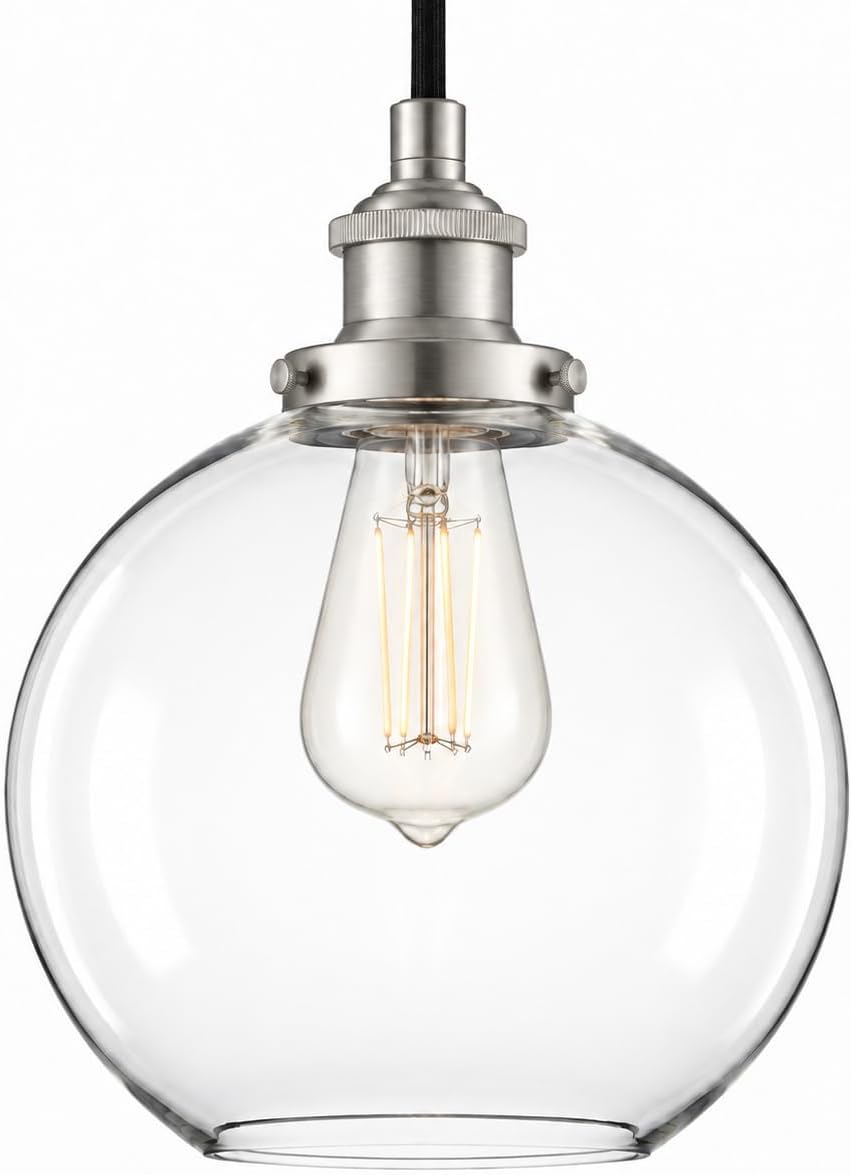 Primo Brushed Nickel Glass Globe Pendant Light, Kitchen Island, LED Bulb