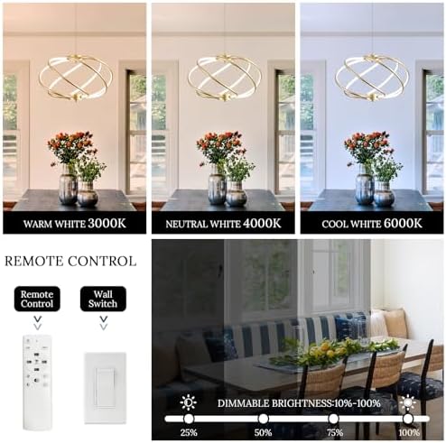 Gold Modern Chandelier with Remote Control, 48W 3-Color Temperature Dimmable ...