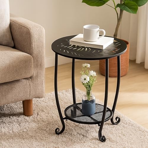 2-Tier Metal Round Side Table Set of Two Black Accent Coffee Tables Small Spa...