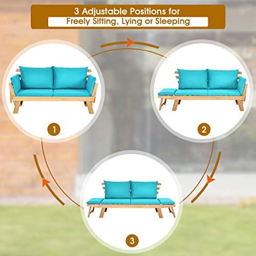 Tangkula Convertible Acacia Wood Patio Couch Sofa Bed with Adjustable Armrest...