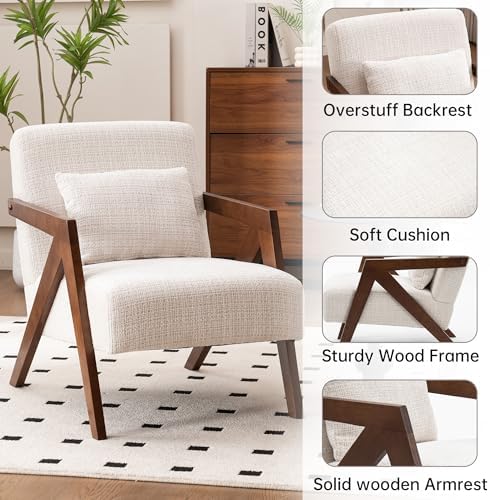 Mid-Century Modern Accent Chair with Solid Wood Frame，Upholstered Chenille Li...