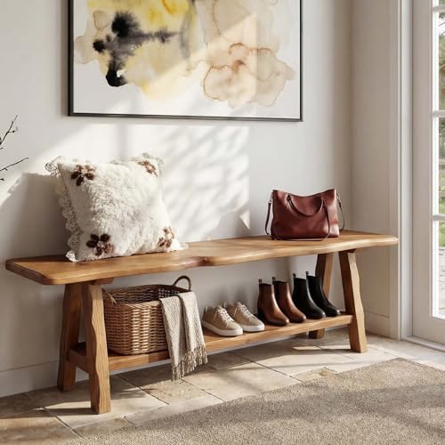 55-Inch Solid Wood Entryway Bench, Farmhouse Long End of Bed Bench with Live-...