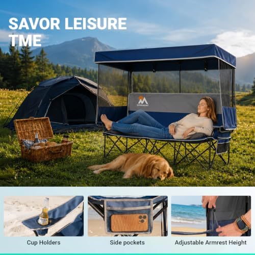 Overmont Camping Chair with Canopy- Folding Double Loveseat Chair with Adjust...