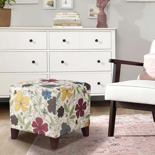 Adeco Floral Printed Linen Ottoman, 16.3" Upholstered Cube Foot Stool wi...