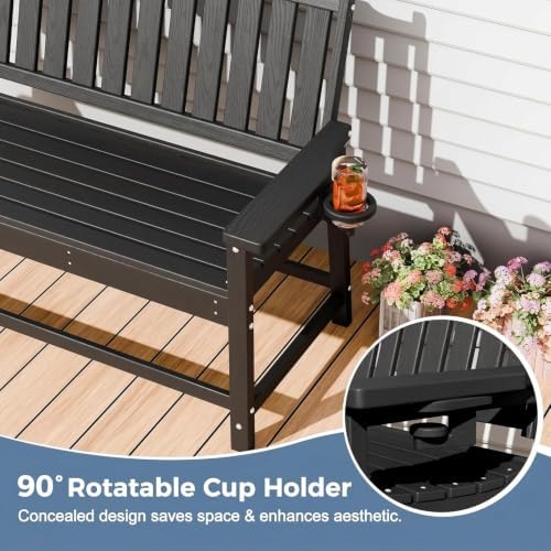 HDPE Outdoor Bench with Cup Holder All-Weather Fade Resistant Porch Bench