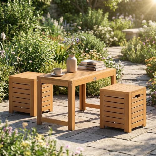Tangkula Acacia Wood Outdoor Coffee Table with Stools Set of 2, 3 Pieces Pati...