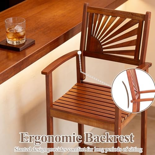 COSTWAY 29'' Outdoor Acacia Wood Bar Chairs Set of 2 with Back and Ar...