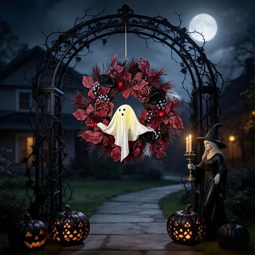 HipTree 20 Inch Lighted Ghost Halloween Wreath for Front Door