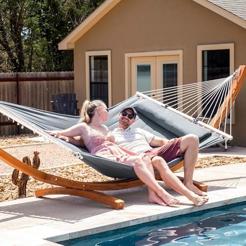 SUNCREAT Double Hammock with Wooden Stand, Dark Gray
