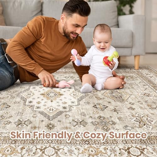 cotiled 6x9 Area Rug for Living Room, Washable, Traditional, Beige