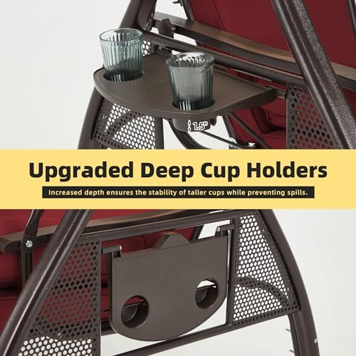 HOMREST 3 Person Porch Swing with Adjustable Canopy, Patio Swing with Stand