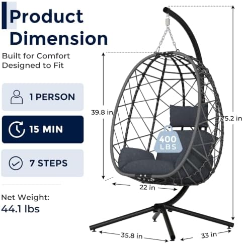 SWITTE Hanging Egg Chair with Stand Outdoor, Wicker Patio Swing, Grey