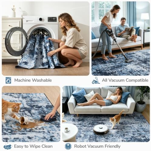 Lessymo Washable 8x10 Area Rugs for Living Room Bedroom, Abstract Navy Blue
