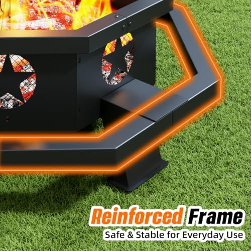 45 Inch Fire Pit for Outside Wood Burning, Outdoor Octagonal Fire Pit with Po...