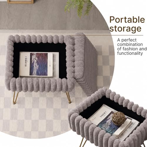Faux Fur Storage Ottoman, Modern Soft Footstool, Storage Bench with Metal Leg...