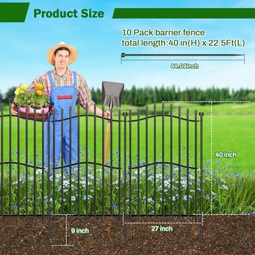 No Dig Garden Fence 40" H x 22.5'L with Gate Decorative Yard Dog Panels