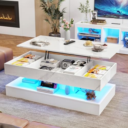chartustriable 47.2" Large Lift Top Coffee Table, Modern LED High Glossy...