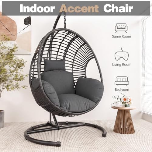 Oversized Hanging Egg Chair with Stand Outdoor Wicker Swing Chair Comfy Hammo...