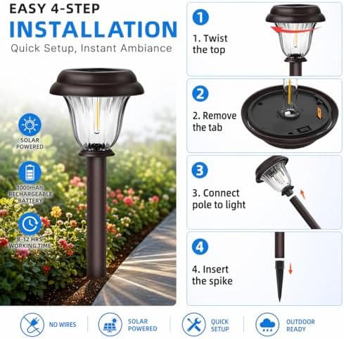 DERAYSION Solar Pathway Lights Outdoor Metal Glass Solar Lights Outdoor